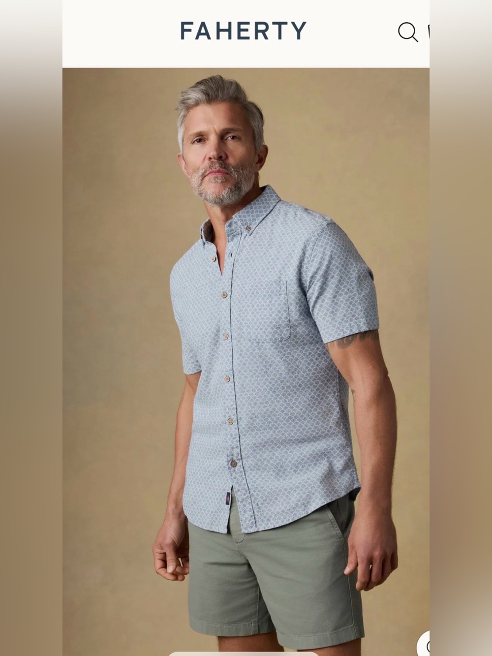 Faherty Light Blue Geo Print Short Sleeve Button-Down Shirt